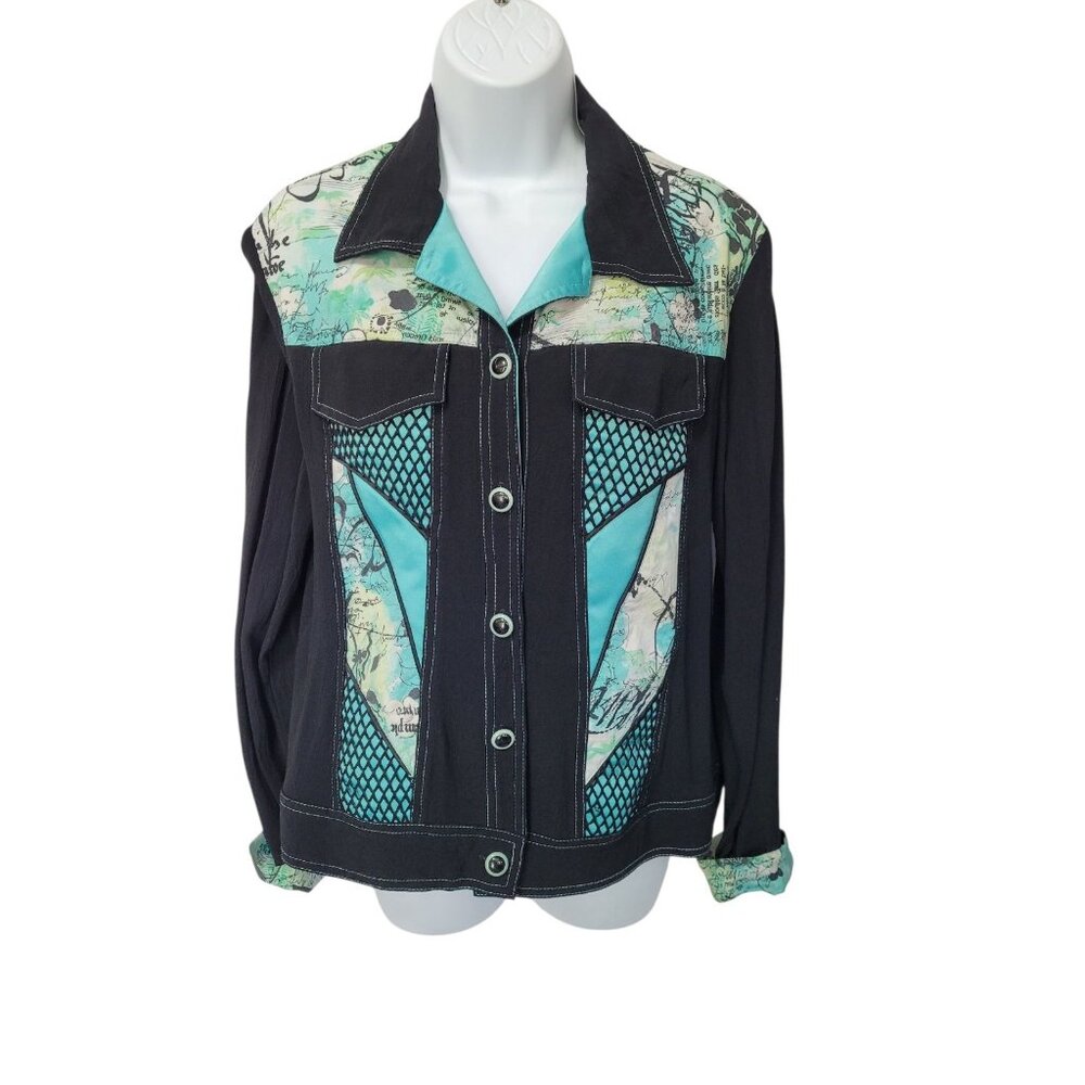 Tommy N Loulou Jacket Blazer‎ M Rayon Cotton Linen Blend Button Artsy Black